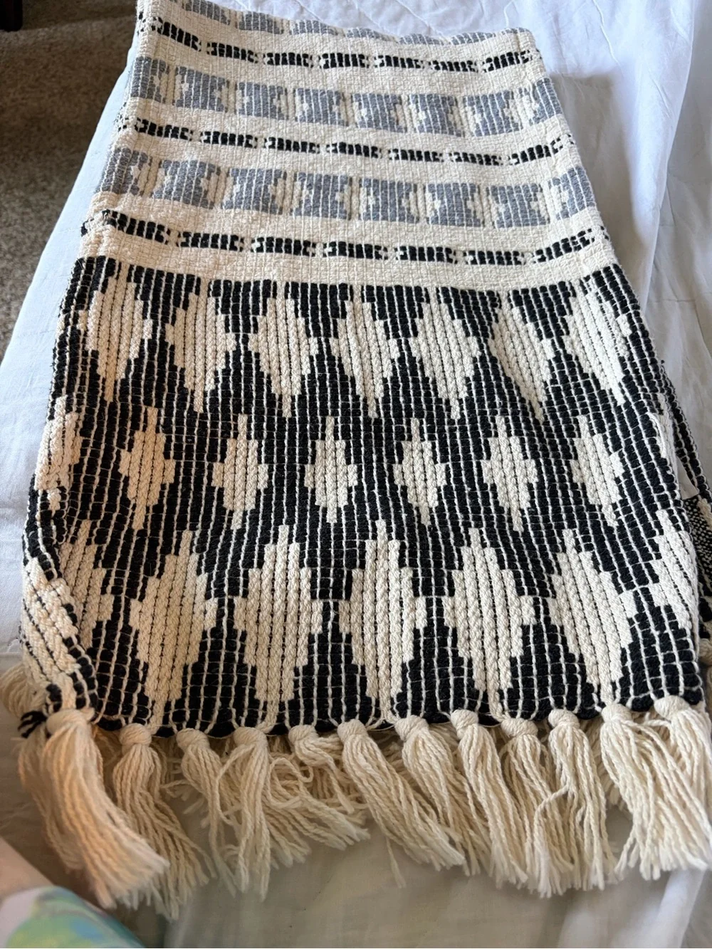 Colby Southwest Woven Navy and Cream Fringe 8 Ft Table Runner